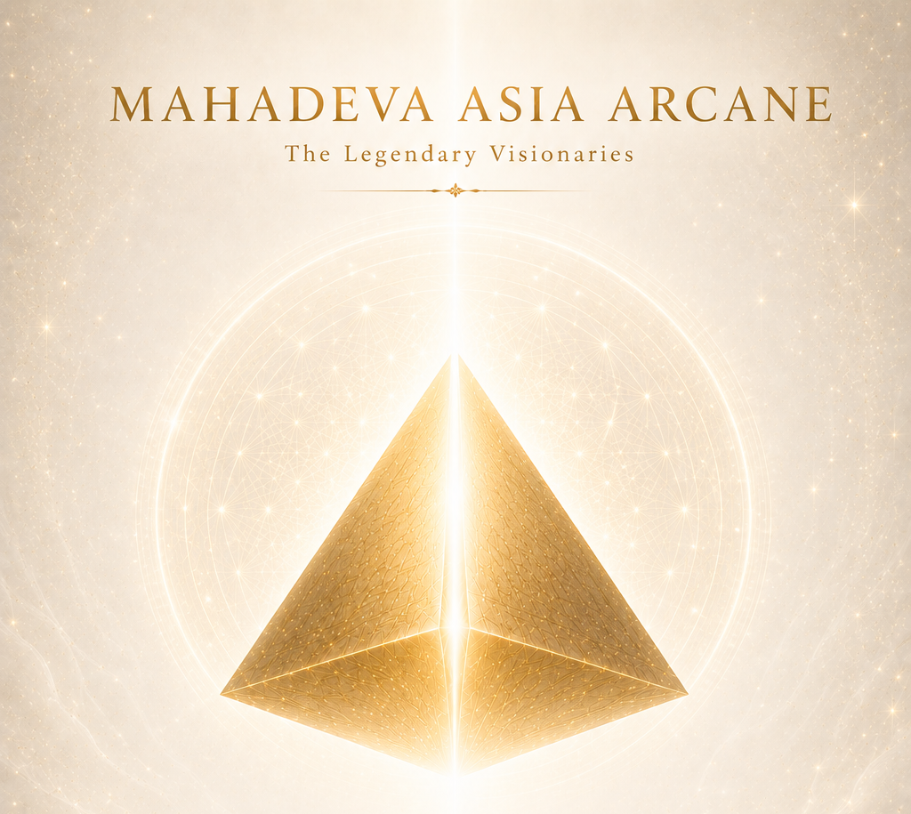 Mahadeva Asia Arcane, The Legendary Visionaries, with a luminous golden sacred pyramid